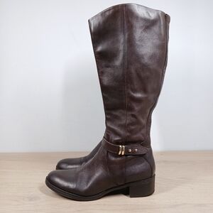 Franco Sarto Brown Leather Buckle Detail Side Zip Knee High Riding Boots 1466